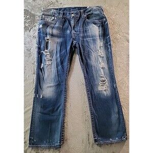 True Religion Jeans Men Size 40 Blue Distress Thick Stitch Flap Back Pockets